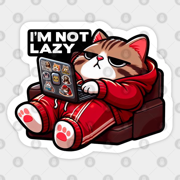 I'm Not Lazy meme Chubby Tabby Cat Relaxing Laptop Comfy Sofa Sticker by Plushism